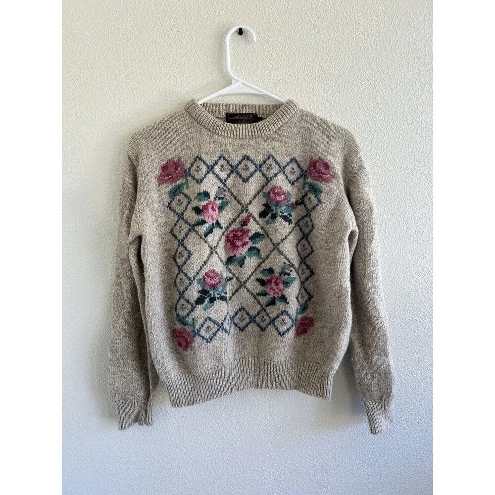 Vintage Eddie Bauer Wool Country Floral Knit Crewneck Sweater S/P